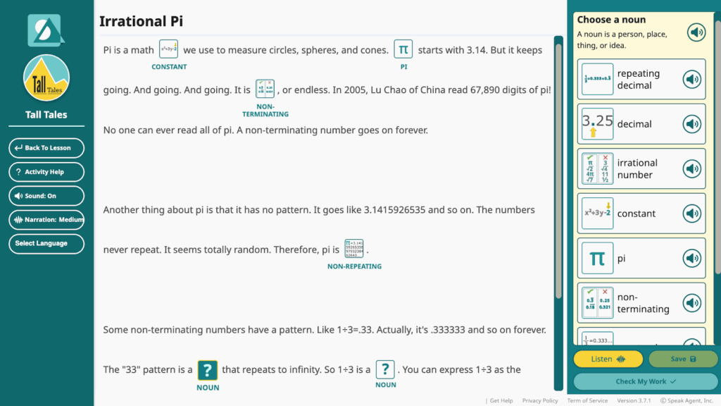 A screenshot of the Tall Tales cloze activity in Speak Agent.