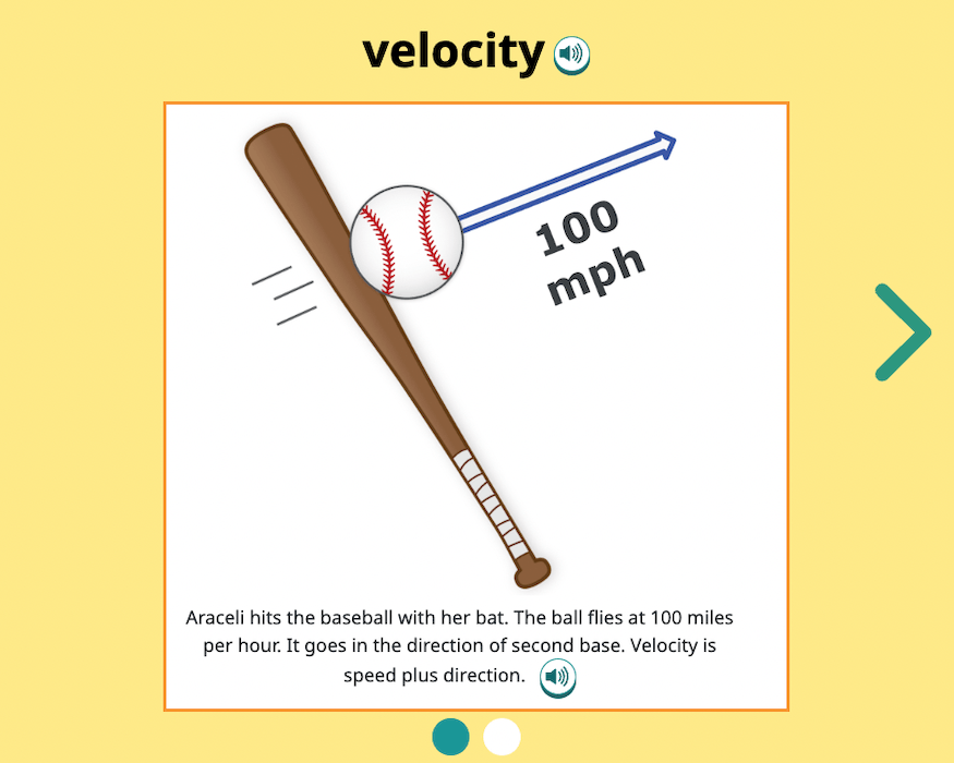 a visual representation of the term velocity in Speak Agent's Word Gallery activity
