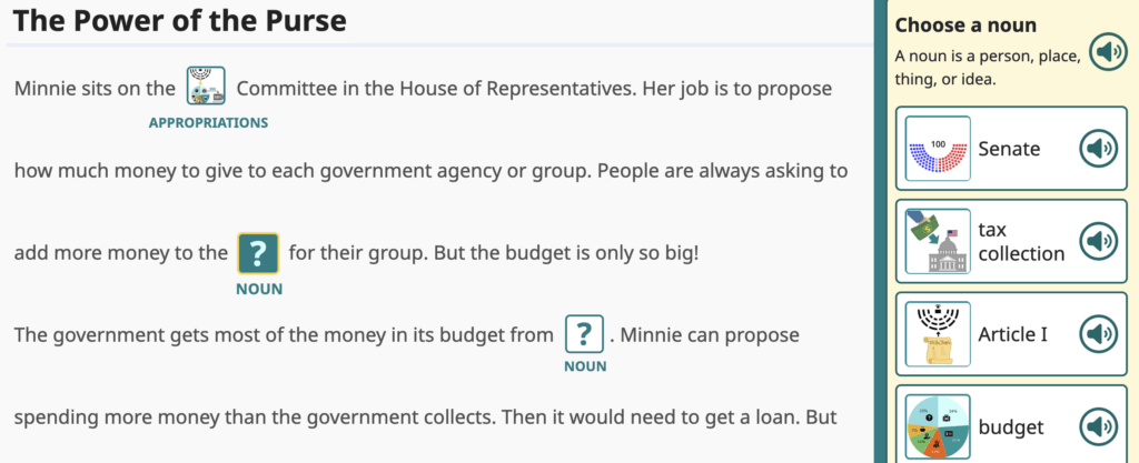 a screenshot of the word bank in the Tall Tales activity in Speak Agent