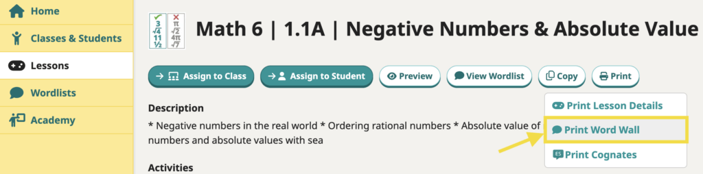 A screenshot of the Print Word Wall command on the lesson view in the Speak Agent app