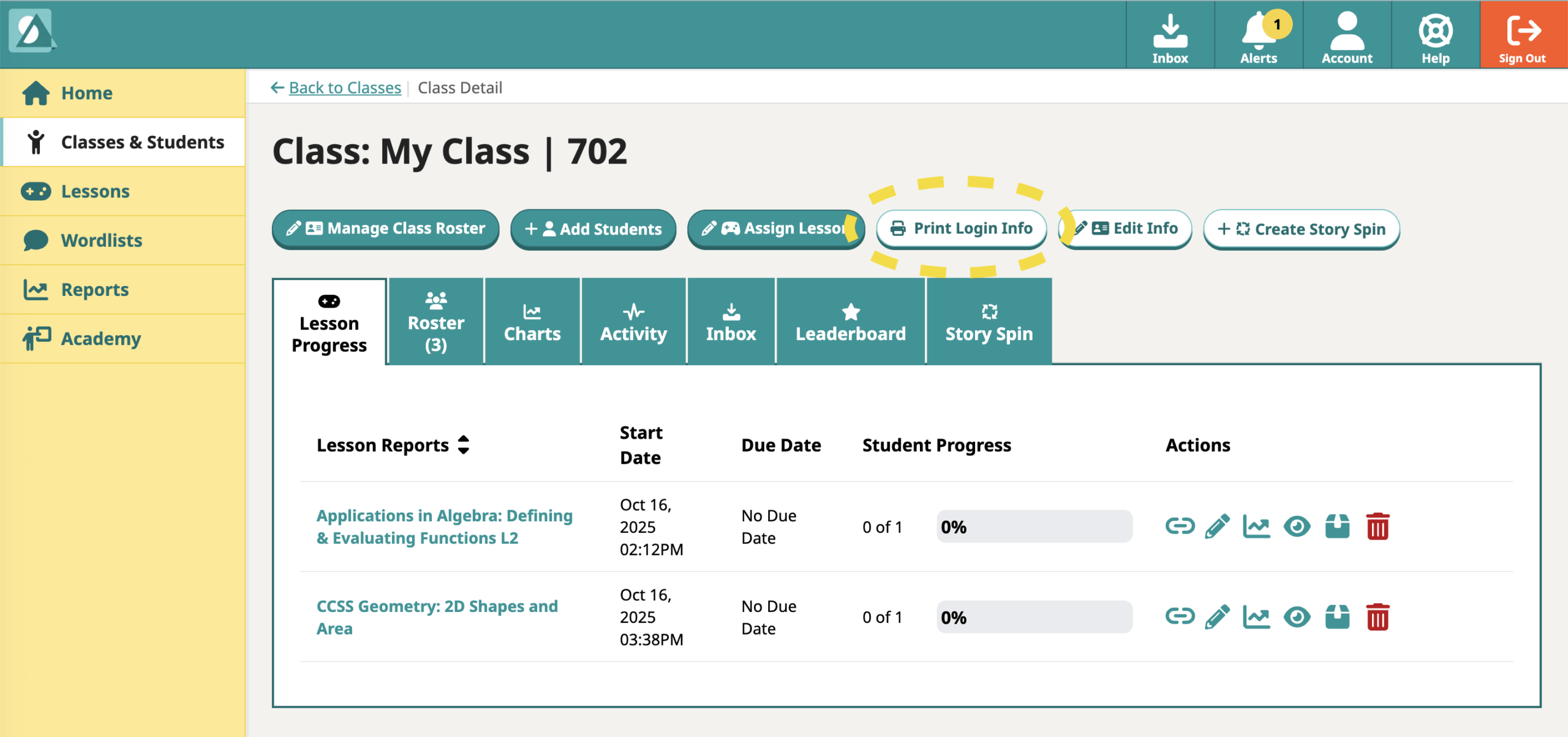 Print student login information for a class