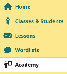 Teacher navigation menu with the Academy menu item highlighted