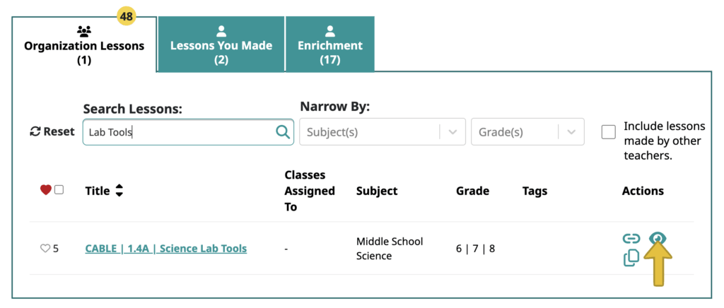 A screenshot of the lesson search page with a yellow arrow pointing at the eye icon