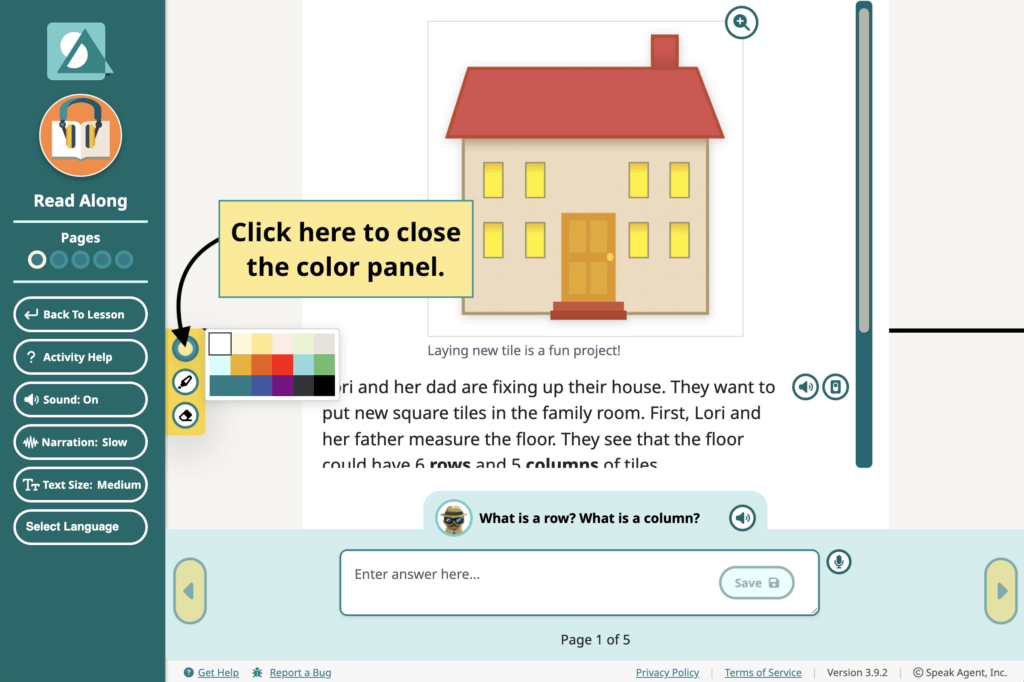 A screenshot of the Read Along activity that shows how to hide the color panel