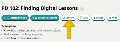 a yellow arrow pointing to the location of the Preview button on a lesson page