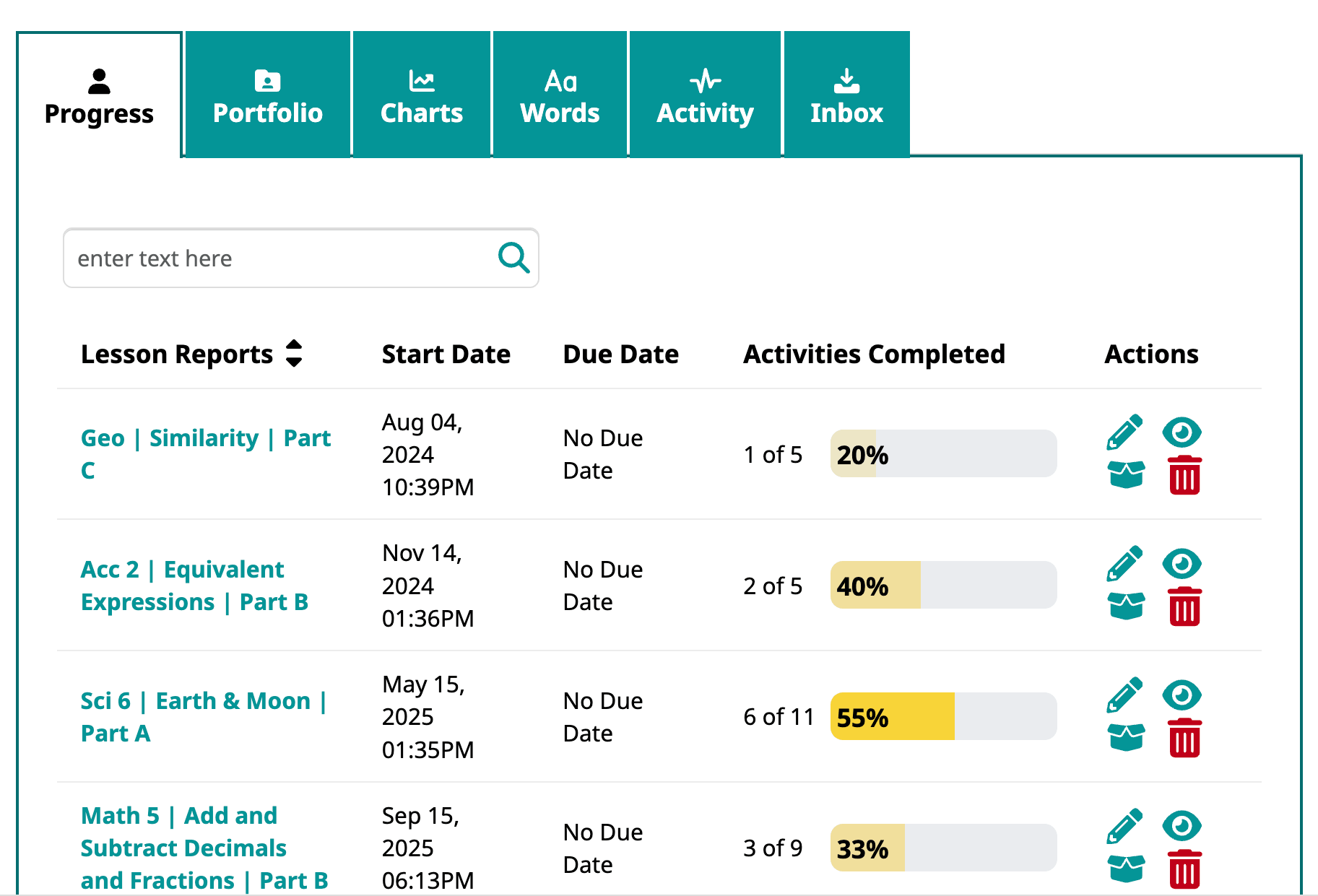 A screenshot of student progress with progress bars showing the percentage of activities completed so far