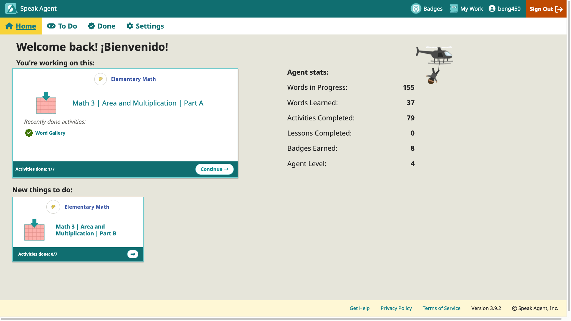 a screenshot of a student's home page in Speak Agent