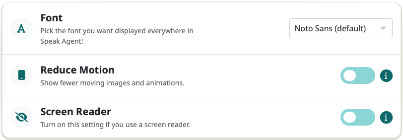 a screenshot of Visual and Display settings available in Speak Agent