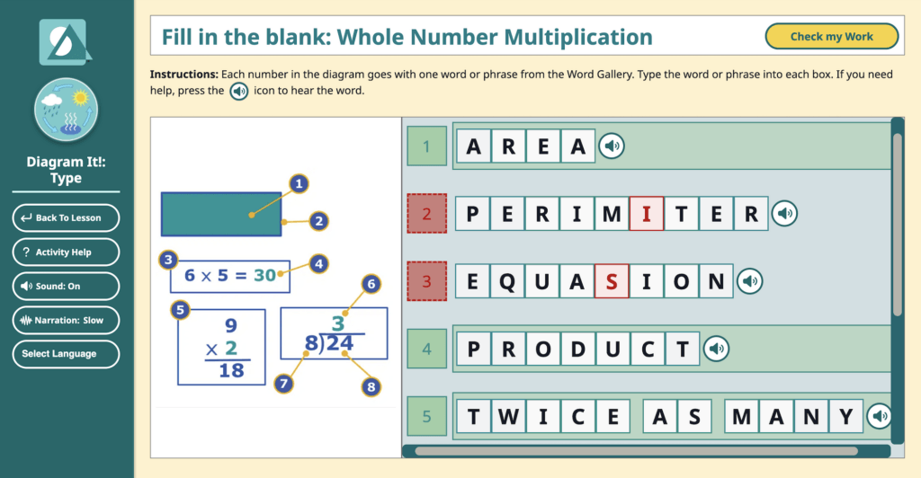 A screenshot of the typing mode of the Diagram It activity in Speak Agent, after corrective feedback has been provided