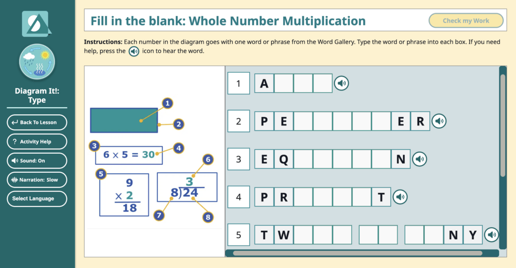A screenshot of the typing mode of the Diagram It activity in Speak Agent