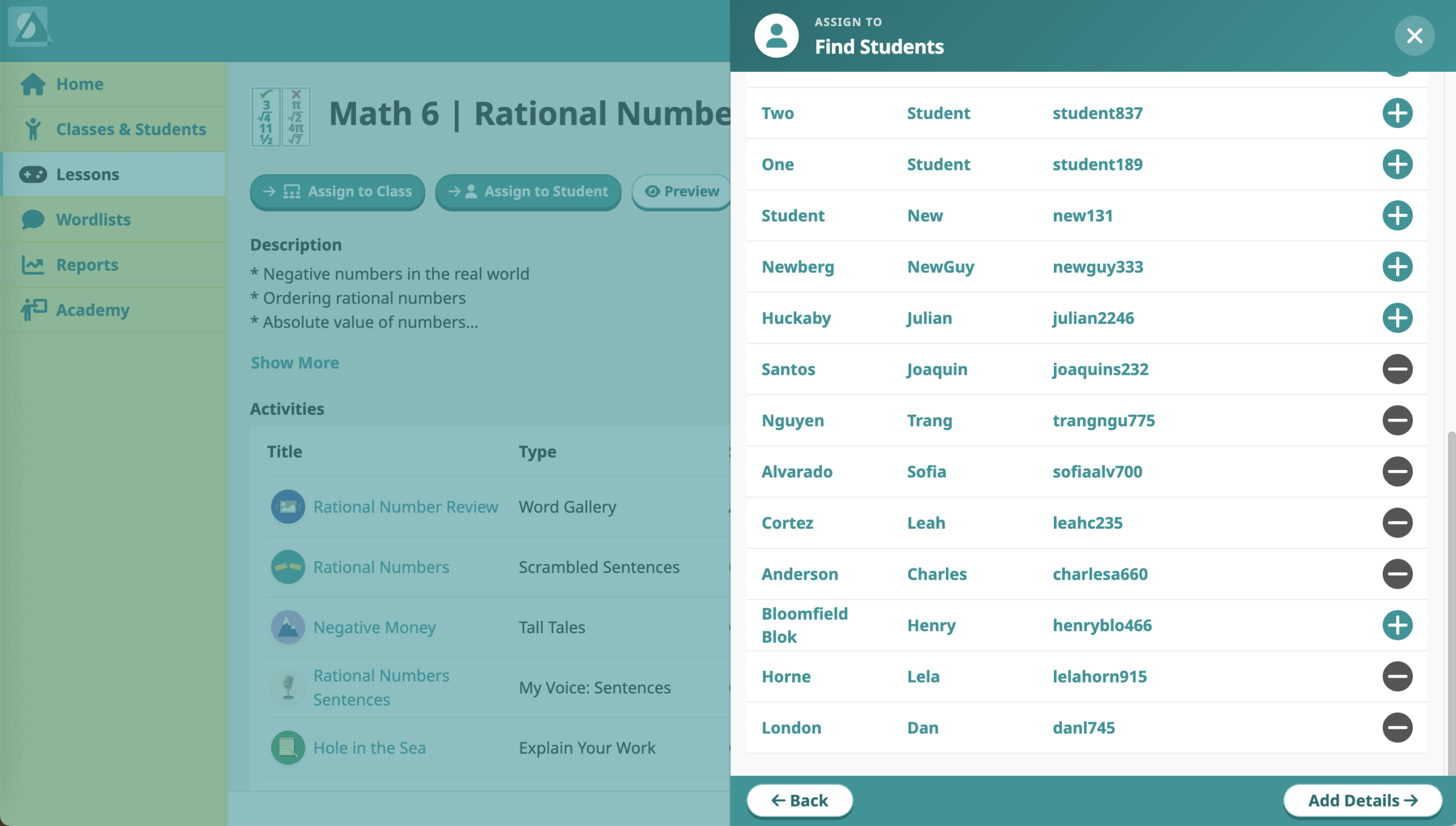 Screenshot of adding multiple students to an assigned lesson
